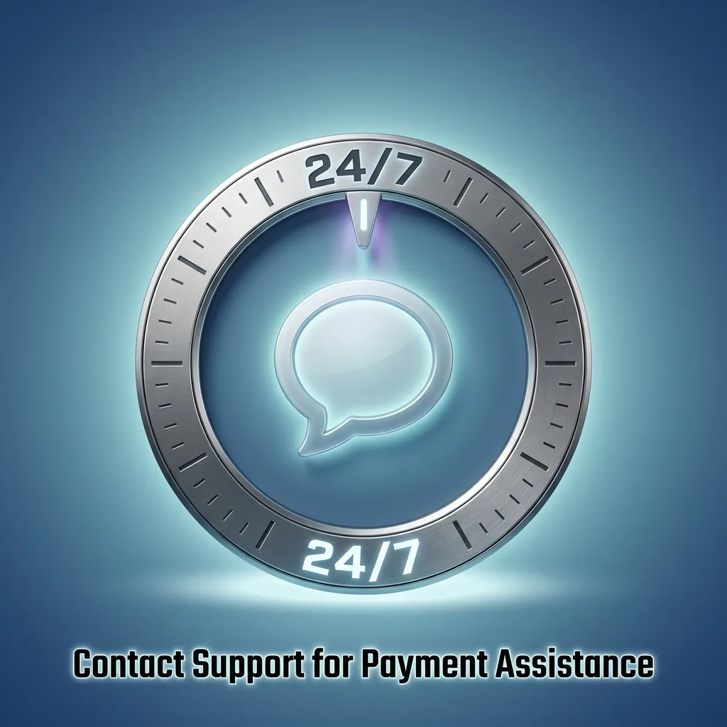 Customer support contact options including live chat, email, WhatsApp, Telegram, and phone for payment assistance