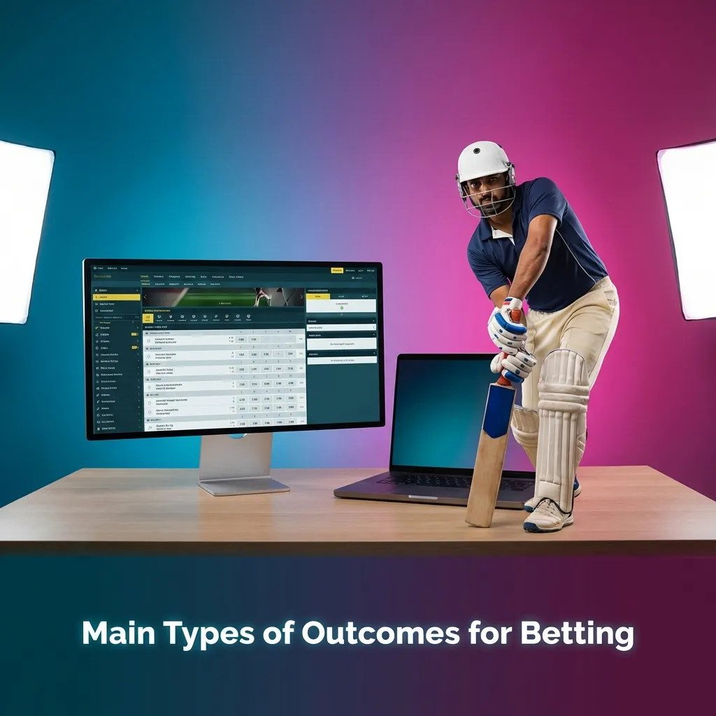 Visual guide showing five main betting outcome types: Match Winner, Totals, Handicap, Correct Score, and First Goalscorer.