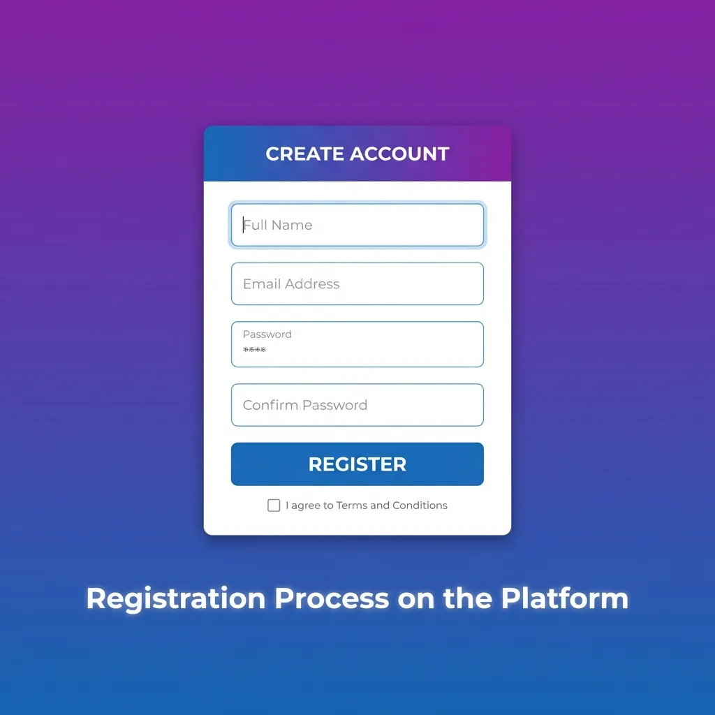 Registration form showing steps to create account: sign-up button, enter details, choose currency, verify mobile, claim bonus